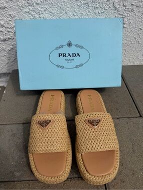 Prada Raffia Slide Sandals in Natural Beige with Gold Logo